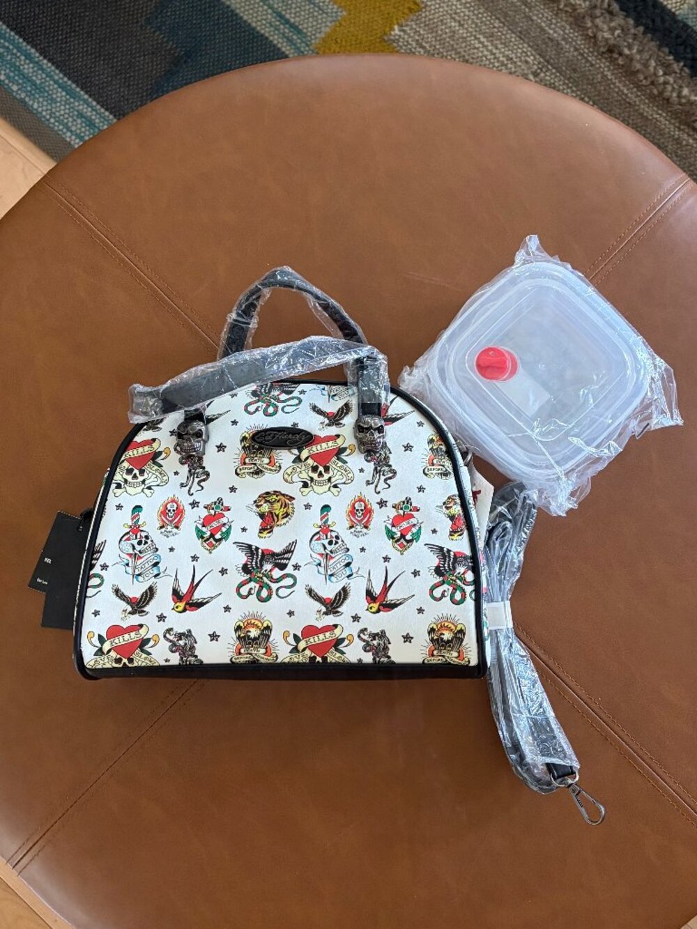 Ed Hardy White Tattoo-Print Insulated Crossbody Lunch Tote Bag NWT back 2 school